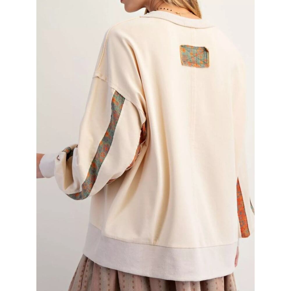 Easel Boho Pullover Floral Stripe Sweatshirt - Picture 2 of 3